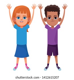 two young little kids girl and boy with hands up avatar carton character vector illustration graphic design