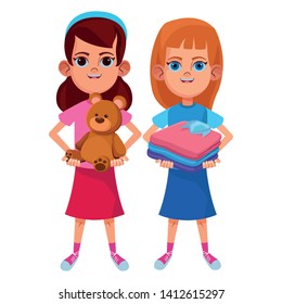 two young little kids girl with folded clothes and girl carrying teddy toy avatar carton character vector illustration graphic design