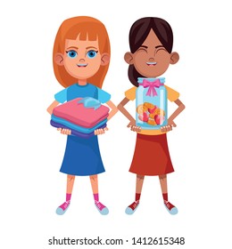 two young little kids girl holding a glass jar with coins and girl with folded clothes avatar carton character vector illustration graphic design