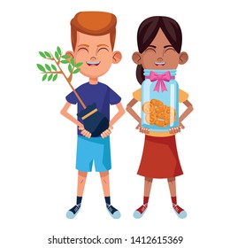 two young little kids girl holding a glass jar with coins and boy holding a plant avatar carton character vector illustration graphic design