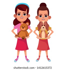 two young little kids girl carrying a dog and girl carrying teddy toy avatar carton character vector illustration graphic design