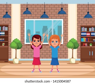 two young little kids girl with hands up wearing bandana avatar carton character indoor in house background vector illustration graphic design