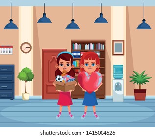 two young little kids girl holding a heart and girl with a box with toys avatar carton character indoor in house background vector illustration graphic design.