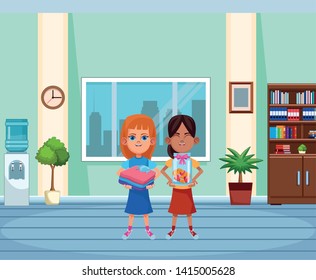 two young little kids girl holding a glass jar with coins and girl with folded clothes avatar carton character indoor in house background vector illustration graphic design.