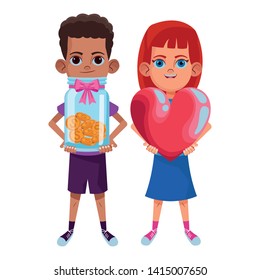 two young little kids girl holding a heart and afroamerican boy holding a glass jar with coins avatar carton character vector illustration graphic design