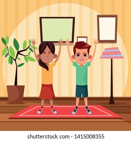 two young little kids girl and boy with hands up avatar carton character indoor in house background vector illustration graphic design