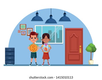 two young little kids girl holding a glass jar with coins and boy carrying a big coin avatar carton character indoor in house background vector illustration graphic design.