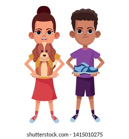 two young little kids girl carrying a dog and girl holding a sneaker avatar carton character vector illustration graphic design