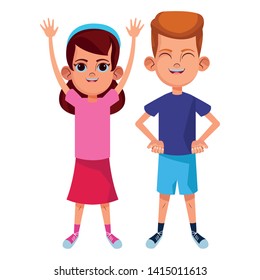 two young little kids girl with hands up wearing bandana and boy smiling avatar carton character vector illustration graphic design
