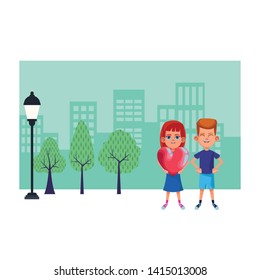 two young little kids girl holding a heart. avatar cartoon character vector illustration graphic design.