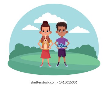 two young little kids girl carrying a dog and girl holding a sneaker avatar carton character in the grass with rural landscape vector illustration graphic design.