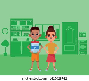 two young little kids girl with bun and afroamerican boy with donative jar avatar carton character indoor in house background green tone vector illustration graphic design.