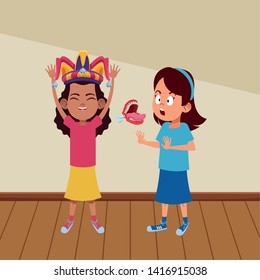 two young little kids girl wearing jester hat indoor over a wooden floor avatar carton character vector illustration graphic design