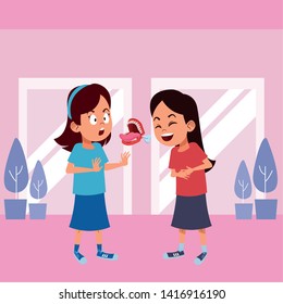 two young little kids girl laughing and girl with false chattering jaws indoor with a windows behind avatar carton character vector illustration graphic design