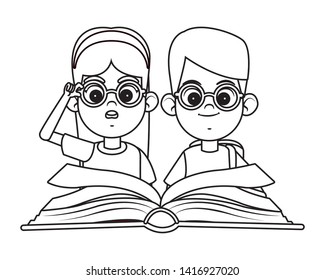 two young little kids girl and boy wearing glasses reading book avatar cartoon character in black and white vector illustration graphic design