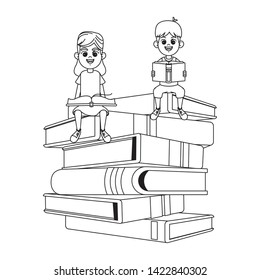 two young little kids girl and boy reading book on top of stacked books avatar cartoon character in black and white vector illustration graphic design