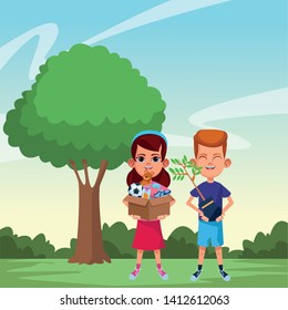 two young little kids girls holding a box with toys and boy carrying a plant avatar carton character vector illustration graphic design