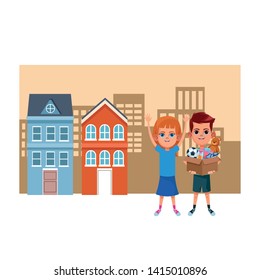 two young little kids girls with hands up and boy holding a box with toys avatar carton character vector illustration graphic design