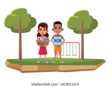 two young little kids girls holding a box with toys and boy carrying a donation jar avatar carton character vector illustration graphic design