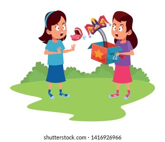 two young little kids surprised girl joke box jester hat girl false chattering jaws over the grass shruberry background avatar carton character vector illustration graphic design.
