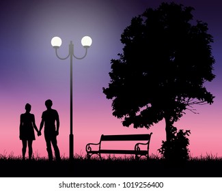 Two young lovers holding hands under tree and glowing lamp with pink sky, suitable as a card for valentine day - vector