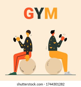 Two young male characters doing sports vector. Two young people working out. Sports activities and workouts. Gym and fitness exercise concept. Sports activities vector. Fitness training concept