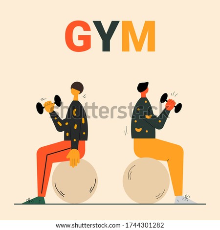 Two young male characters doing sports vector. Two young people working out. Sports activities and workouts. Gym and fitness exercise concept. Sports activities vector. Fitness training concept