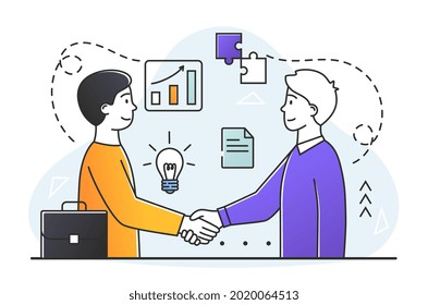Two young male characters are shaking hands to confirm business deal. Concept of business topics, partnership, working in a business team. Flat cartoon vector illustration