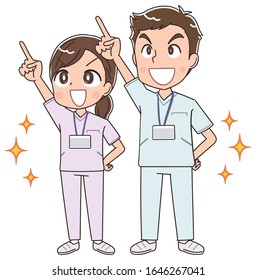 Two young male and female nurses wearing whitish uniforms.They have positive emotions.