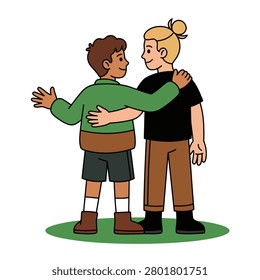 Two young male friends stand close together, embracing on a circular expanse of green grass. The figure on the left is shorter. The figure on the right is taller. Flat vector modern illustration