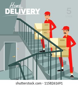 Dos Joven Hombres Con Uniforme Rojo Llevando Cajones De Cartón En La Escalera. Ilustración del vector