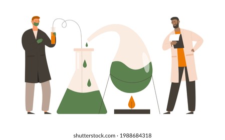 Two young male scientists are working in research team. Men in robes are holding experiment with green substance in test tubes in laboratory. Concept of biochemistry. Flat cartoon vector illustration