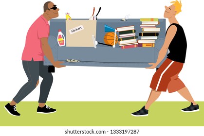 Two Young Man Carrying A Couch Loaded With Other Belongings, Moving In To A Dormitory, EPS 8 Vector Illustration