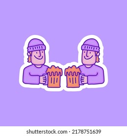 Two young man cheers with beers, with soft pop style and old style 90s cartoon drawings. Artwork for street wear, t shirt, patchworks; for teenagers clothes.