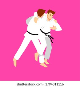 Two young man exercise karate slam illustration isolated on pink background