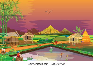 two young man finshing at countryside vector design