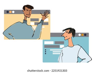 Zwei Junge Mann vor einem Computerbildschirm. Linienillustrationen, flacher Stil, einzelne Vektorgrafik, handschriftlich