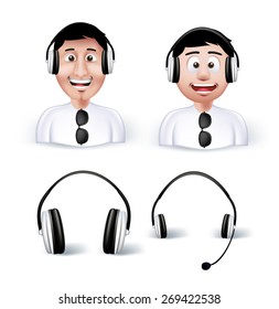 Two Young Man Happy Enjoying Listening Music in Headphones or Headset with HeadSet and Headphone Isolated in White Background. Editable Vector Illustration