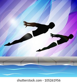 Two young man swimmer synchronizing in swimming pool on beautiful colorful water background. EPS 10.