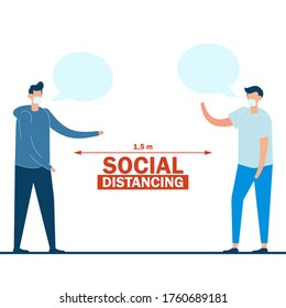 Two young man use social distancing to communicate with bubble text and wearing mask. Concept of new normal. Flat cartoon character design for landing page, web mobile and banner.
