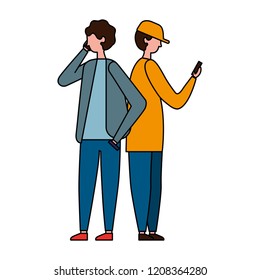 two young man using mobile device