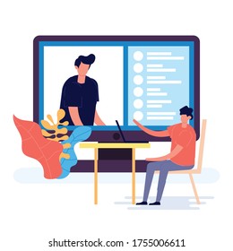 Dos jóvenes usan tecnología moderna para reuniones virtuales colectivas y videoconferencias grupales. Este trabajador discute con sus amigos en la pantalla del ordenador. Ilustración vectorial aislada en estilo plano.