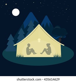 Two young man and woman camping in a tent at night. Camp concept Flat color design vector illustration.