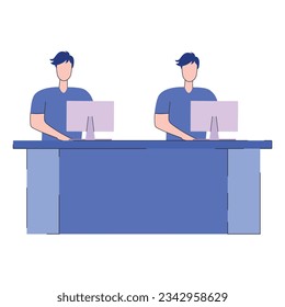 Zwei junge Leute, die an Computer-Business-Leuten arbeiten, sitzen am Büroschreibtisch. Flaches design, Vektorgrafik