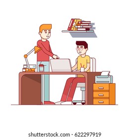 Two Young Man Working On University Homework Project Together In Dorm Room Or Office. Teen Boy Student Sitting At Desk With Laptop Computer. Flat Style Vector Illustration Isolated On White Background