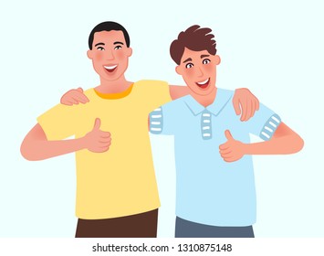 Two young men of Asian and European appearance are very happy to meet. International friendship. Vector illustration of male friendship and fashion