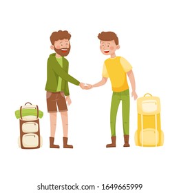 Two Young Men with Backpacks Shaking Hands with Each Other Vector Illustration