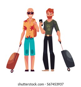 Two Young Men, Bald In Hawaii Shirt And Red-haired Hipster, With Suitcases, Cartoon Illustration Isolated On White Background. Airplane Passengers, Gay Couple With Suitcases, Going To, From Vacation