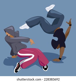 Two young men b-boying or break dancing, vector illustration, no transparencies, EPS 8