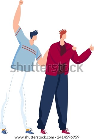 Two young men celebrating, one cheering with fist raised, the other giving thumbs up. Friends showing positive emotions, victory or success concept vector illustration.